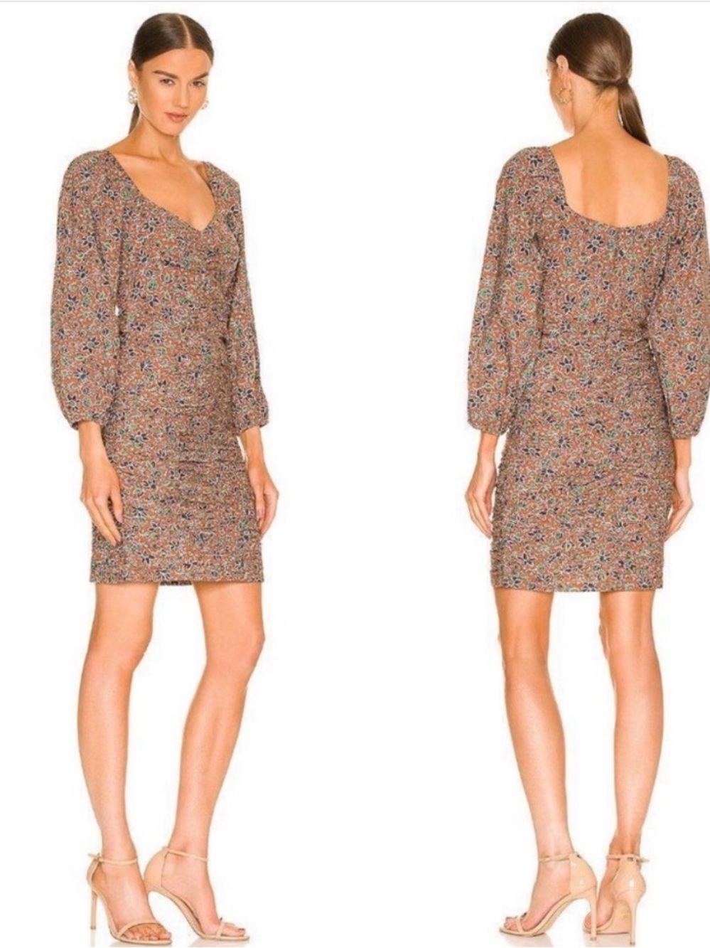 Veronica Beard Puff-Sleeve, Ruched Floral Paisley dress